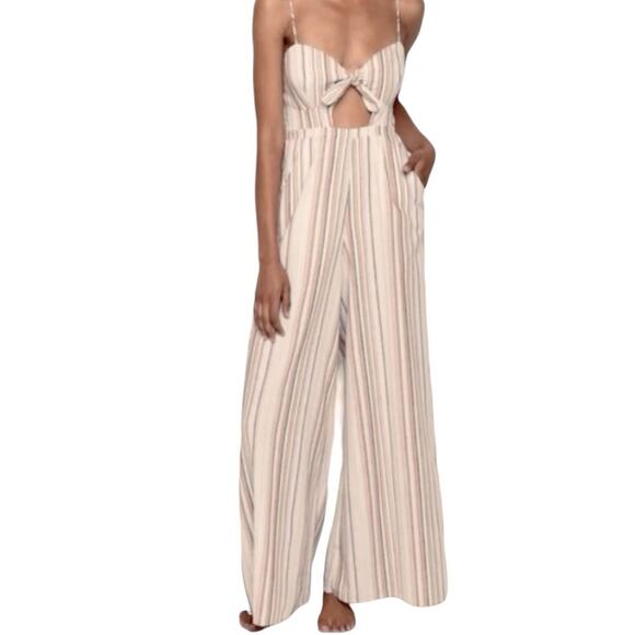 6 Shore Road Linen Jumpsuit Womens Size S Stripe Cutout Bandeau Boho Vacation - Picture 1 of 12